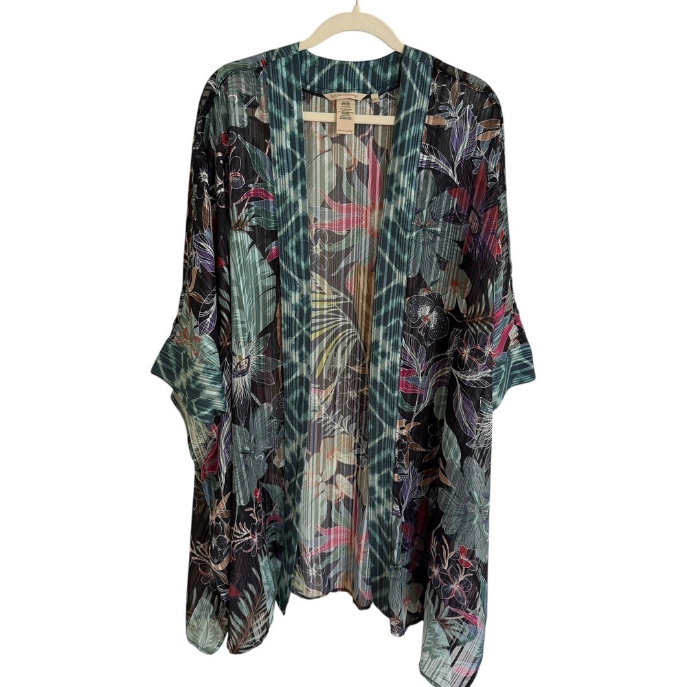 Soft Surroundings L XL Tropical Floral Tie Dye Kimono Cardigan Sheer Lightweight